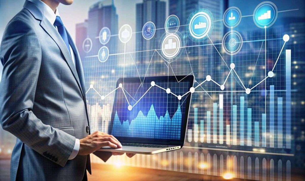 Businessman Holding Laptop With Financial Data.